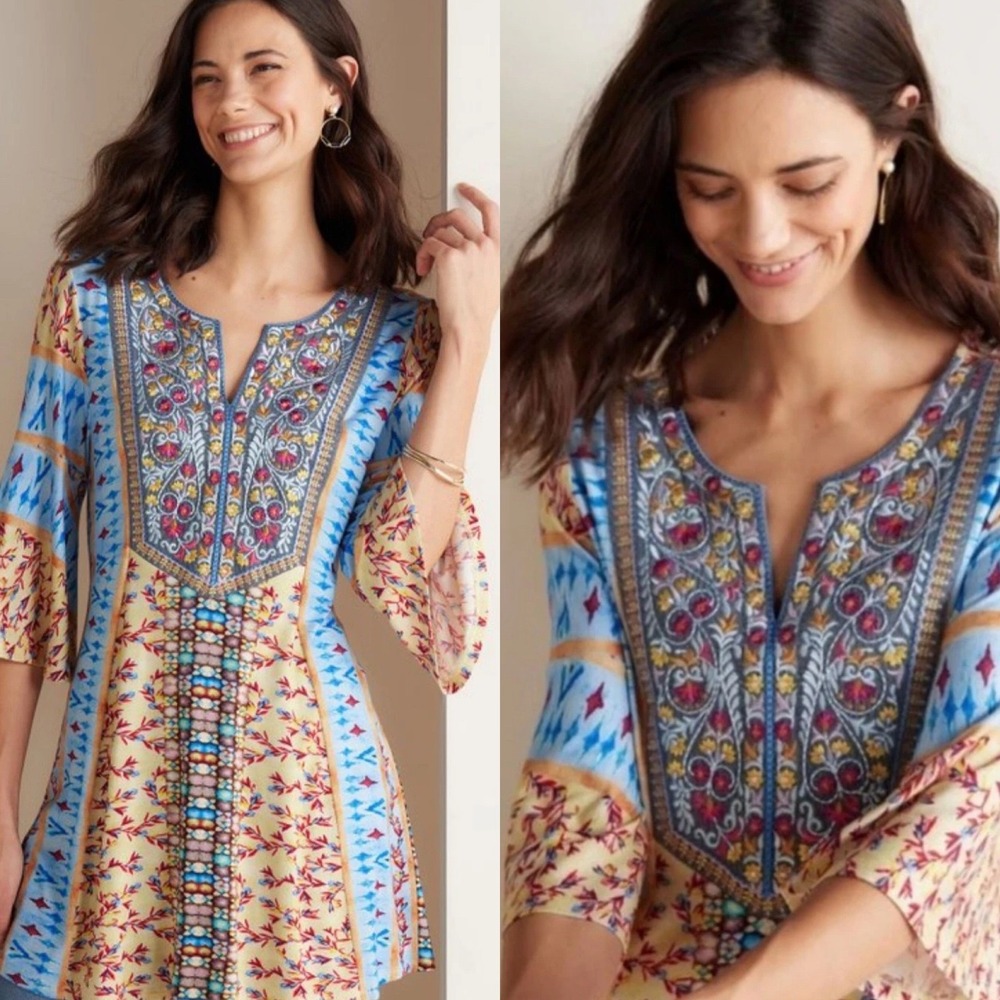 Soft Surroundings Fifi Embroidered Tunic Blouse‎ Petite XS Bell Sleeve Stretch